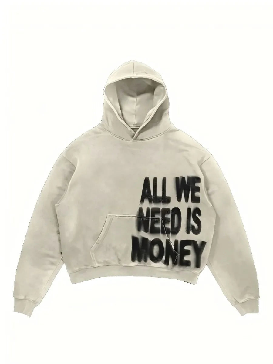 Women Pink Hoodies All We Need Is Money Letter Print Y2K Loose Hip Hop Street Hooded Sweatshirt Unisex