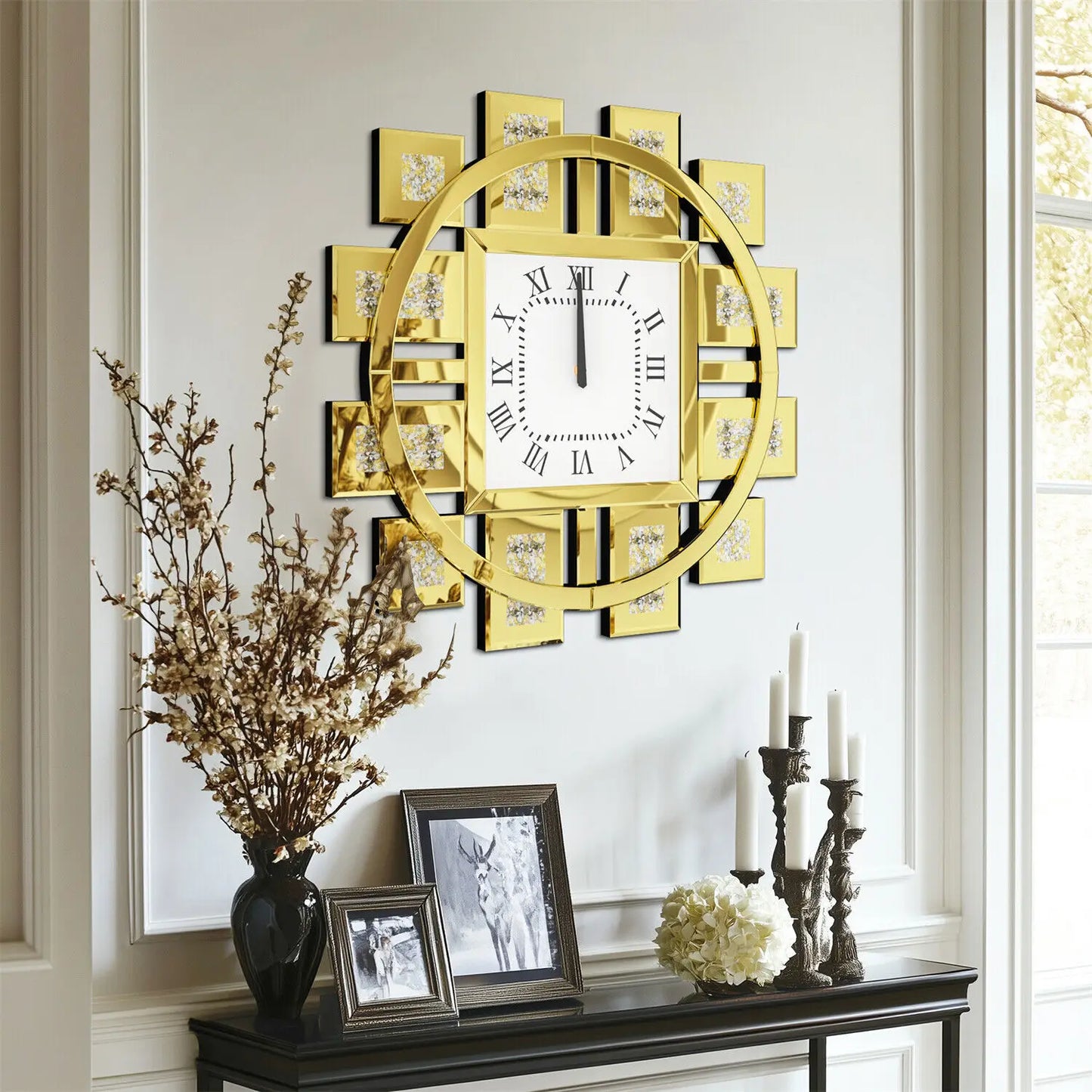 Round Wall Clock with Crushed Diamond Decor Beveled Mirror Edge