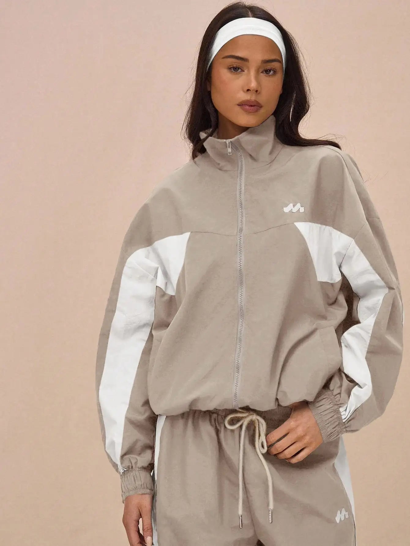 Oversized Nylon Track Jacket with Contrast Panels, Full Zip, Sporty Style for Spring Festival & Everyday Wear