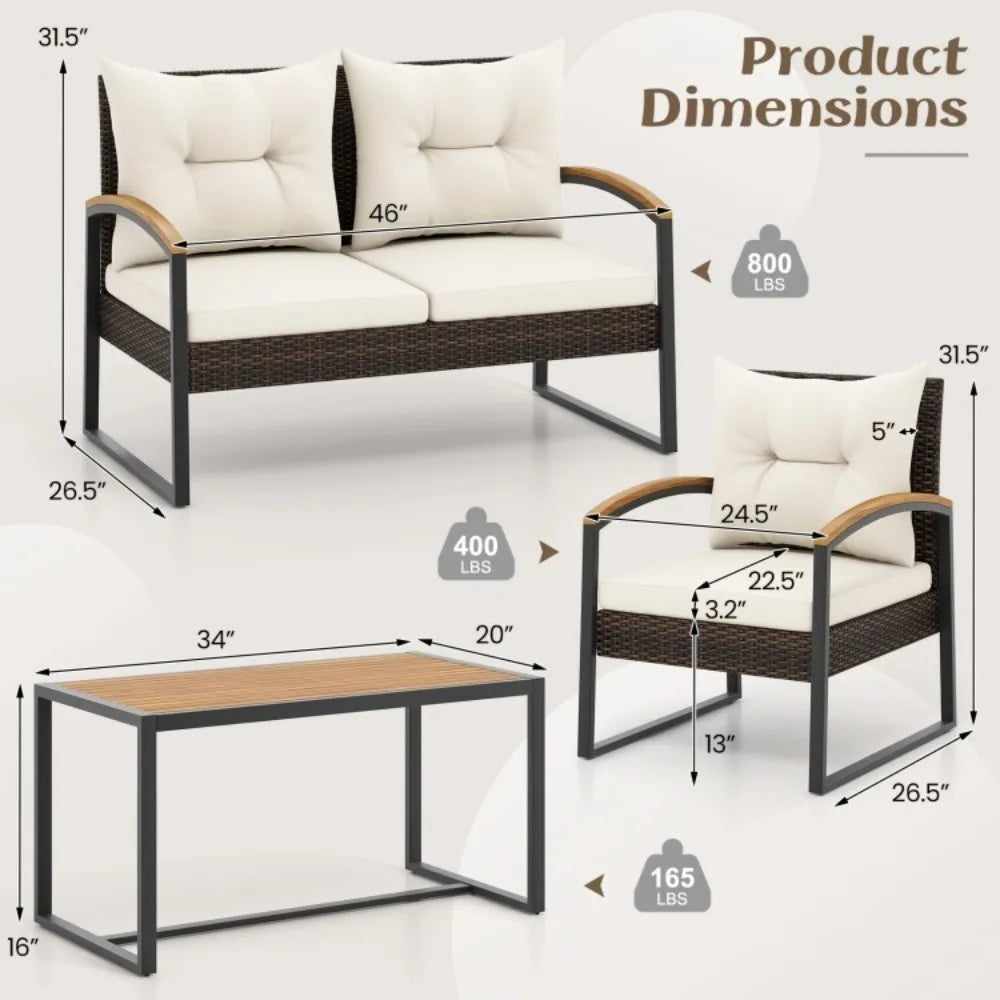 4PCS Patio Outdoor Furniture Rattan Conversation Sofa Set w/Tabletop & Cushions