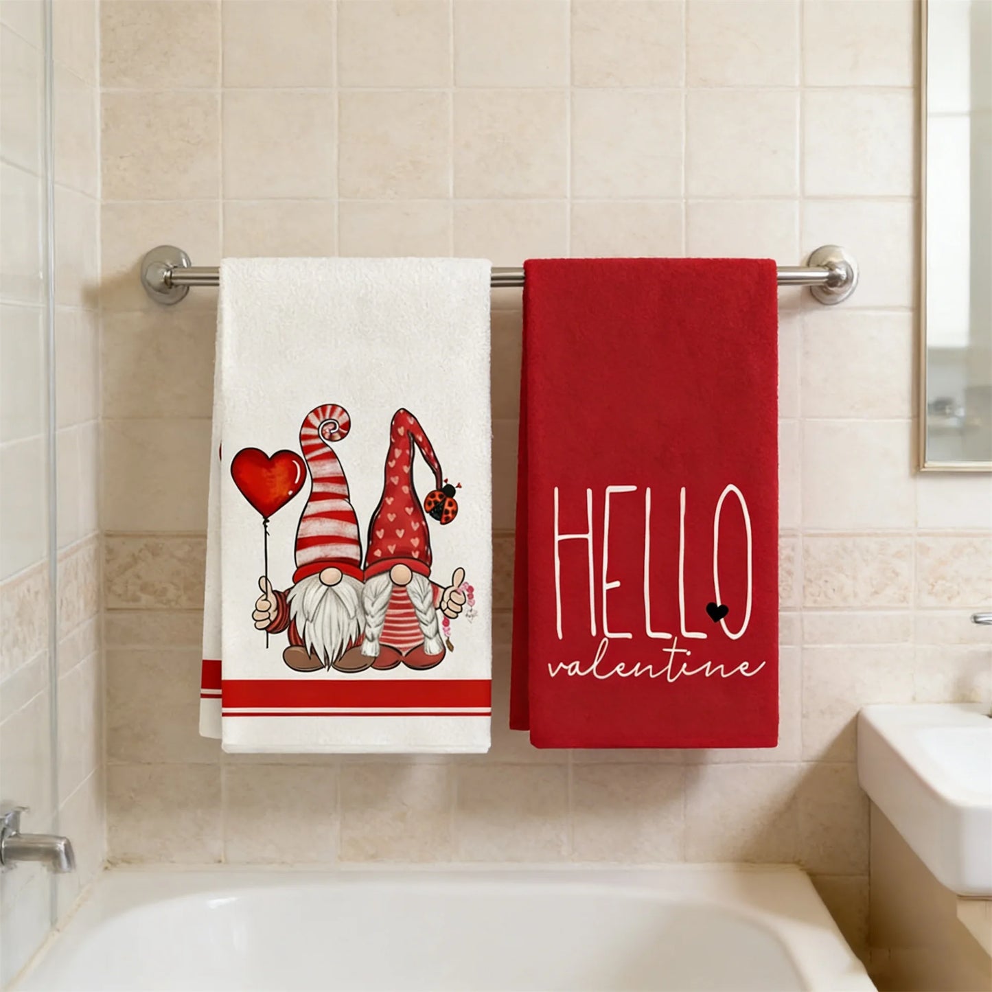 Valentine Heart Gnome Print Towels Set for Bath Kitchen Premium