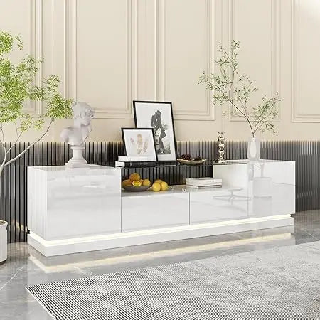 LED Glass TV Stand Console With Drawers Shelves and Cabinets for Modern Entertainment Center
