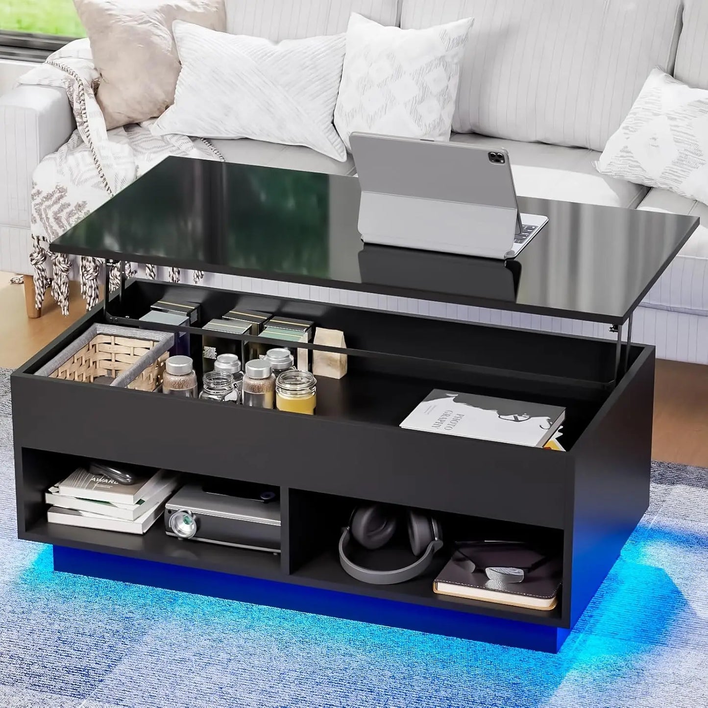 Hommpa Modern LED Coffee Table With Lift Top Storage
