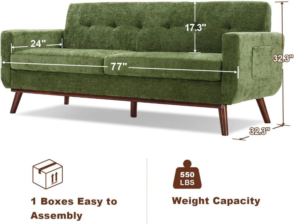 77" W Loveseat Sofa Chenille Couch for Living Room, Small Spaces, Easy Assembly, Green Olive Mid Century Modern Design