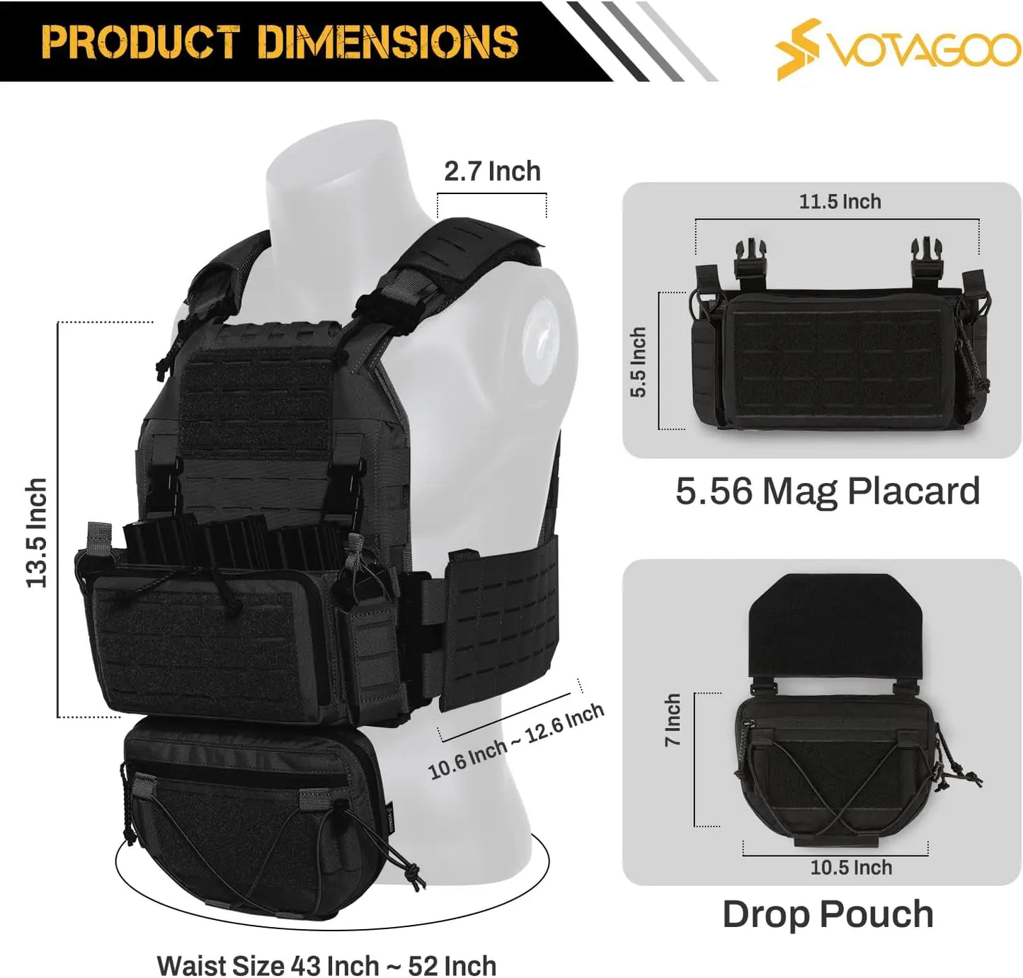 VOTAGOO Adjustable Tactical Vest with Admin Drop Pouch