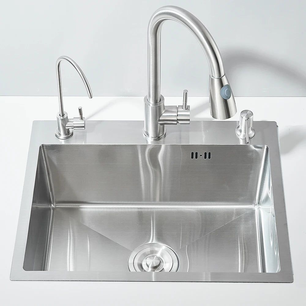 Stainless Steel Kitchen Sink with Faucet Drinking Water Tap/Soap Dispenser 55x45cm Sink Kit with Drain Set/ Basket