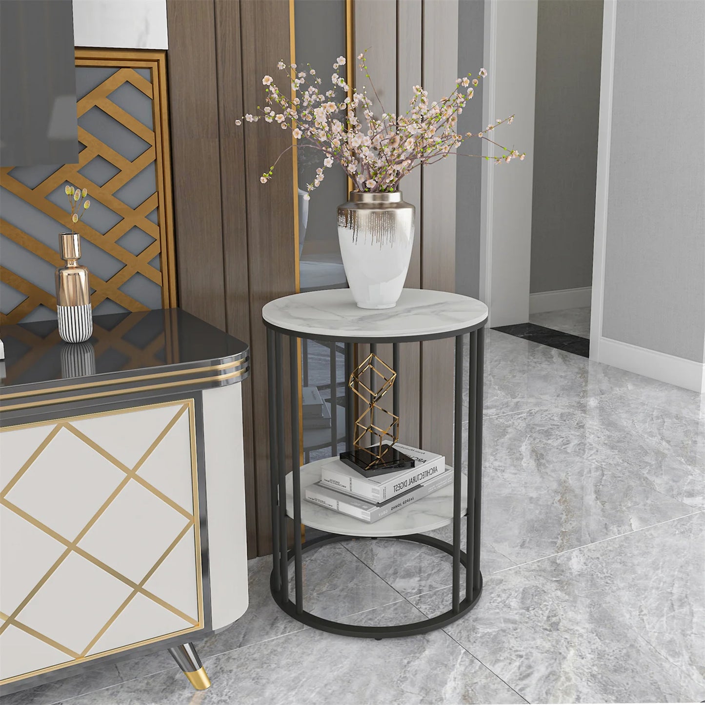 Wisfor End Table With Sintered Stone Top Modern Nightstand Storage, Living Room Accent