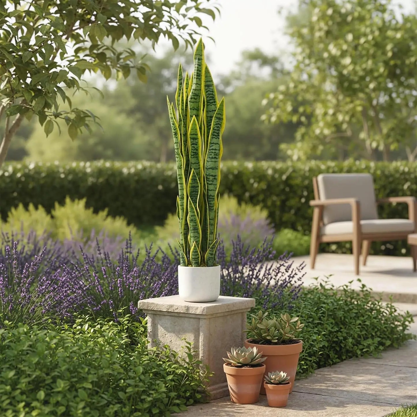 HiMISSCN Artificial Sansevieria Snake Plant In White Planter For Modern Home Office Decor No Maintenance