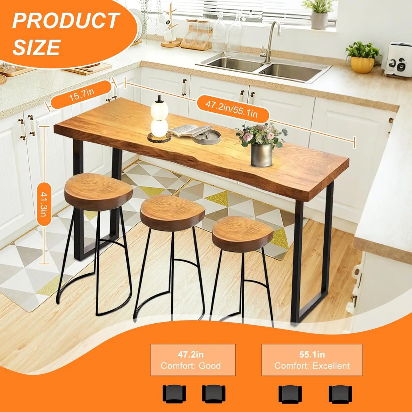 Solid Wood Bar Table Narrow Counter Height Rectangular Modern Pub Table for Home