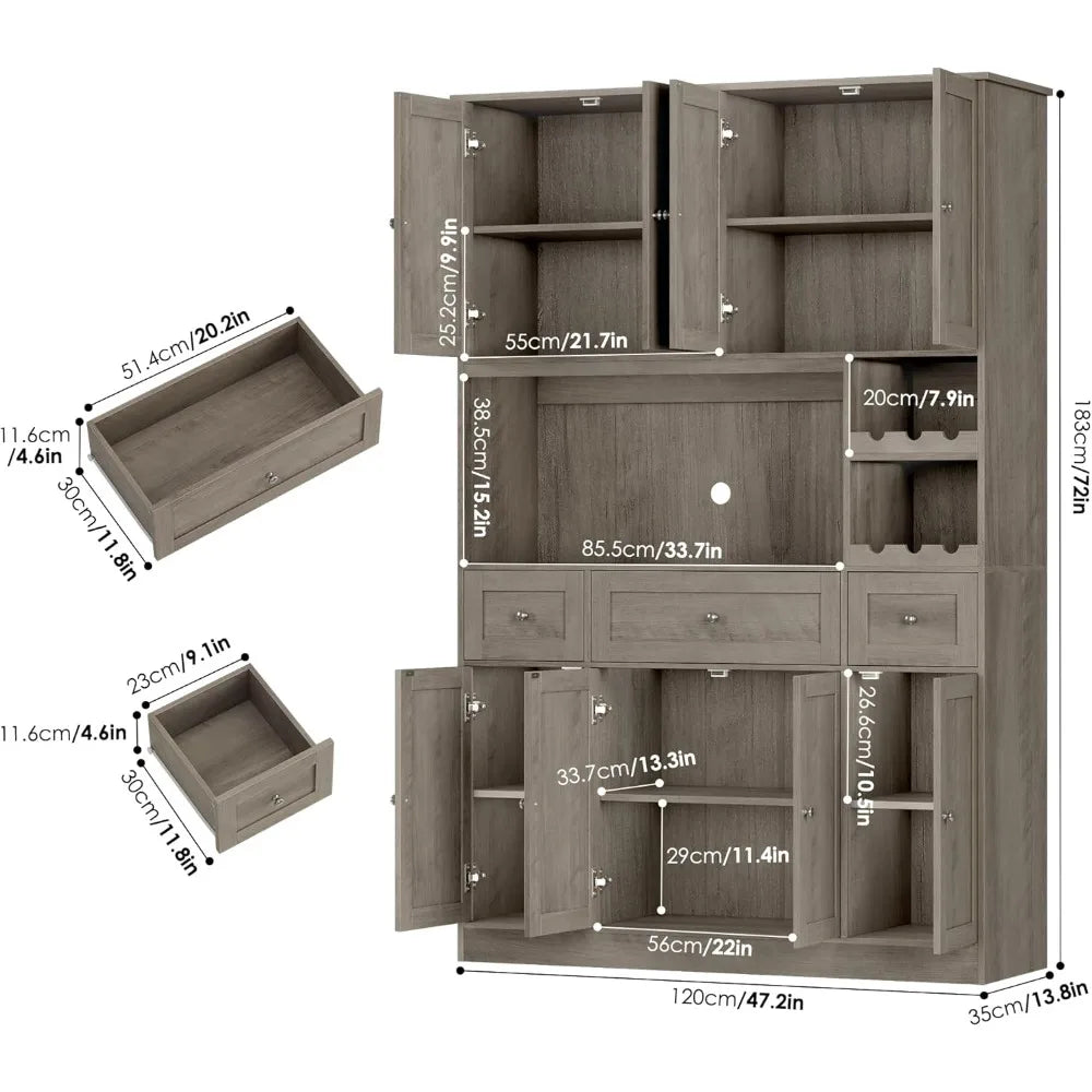 72" Tall Kitchen Pantry Storage Cabinet with Wine Rack, Large Pantry Cabinet with Microwave Stand, Modern Kitchen Hutch for Dini
