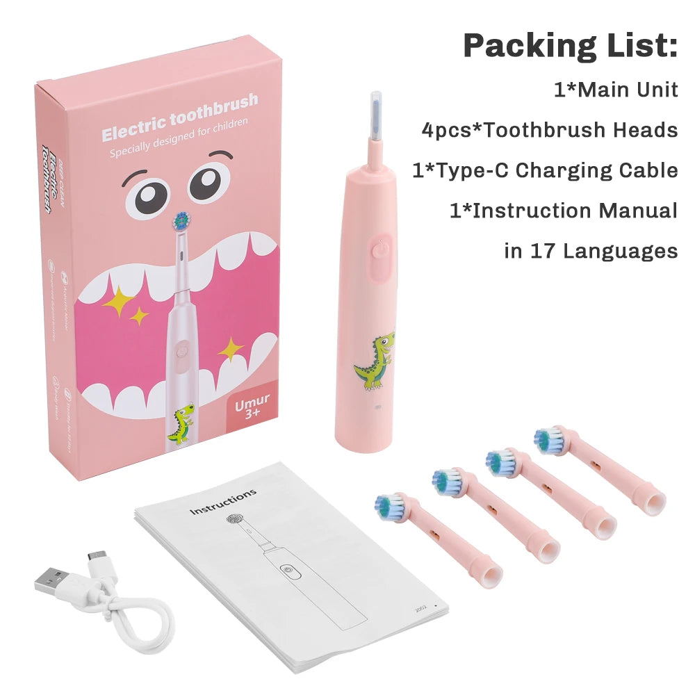 AFDEAL Rechargeable Rotating Kids Electric Toothbrush With 4 Soft Brush Heads Whitening Oral Care