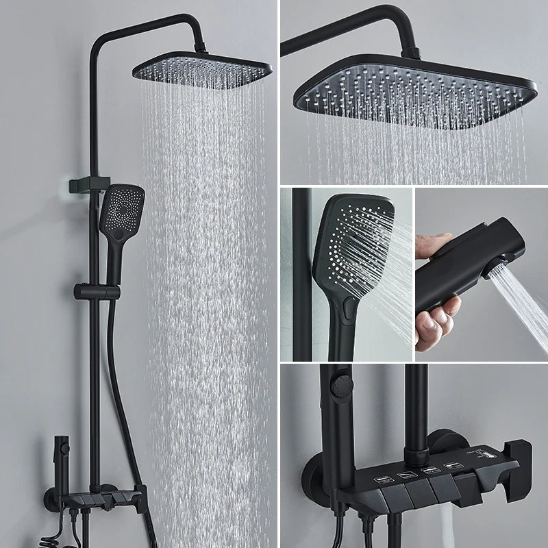 MYQualife Brass Shower System Set With Rainfall Head Wall Mounted Hot Cold Water