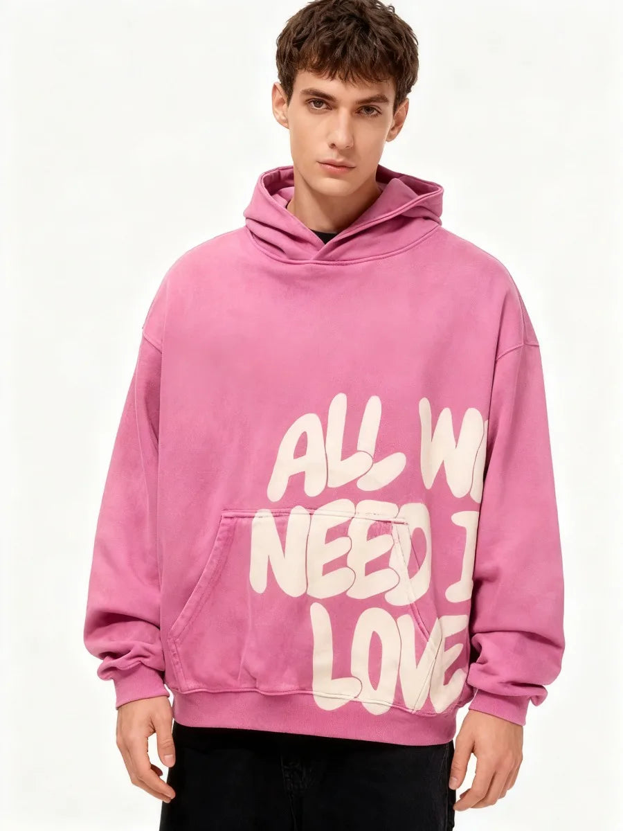 Women Pink Hoodies All We Need Is Money Letter Print Y2K Loose Hip Hop Street Hooded Sweatshirt Unisex