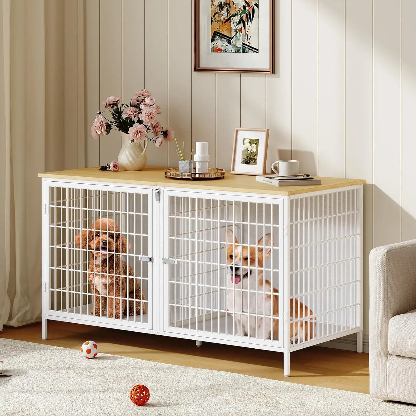Double Dog Crate Furniture with Removable Divider, Sturdy Indoor Kennel for Small Medium Pets, Natural White End Table