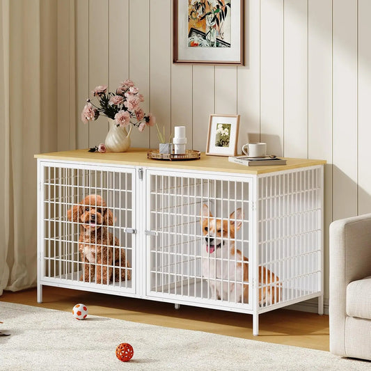 Double Dog Crate Furniture with Removable Divider, Sturdy Indoor Kennel for Small Medium Pets, Natural White End Table