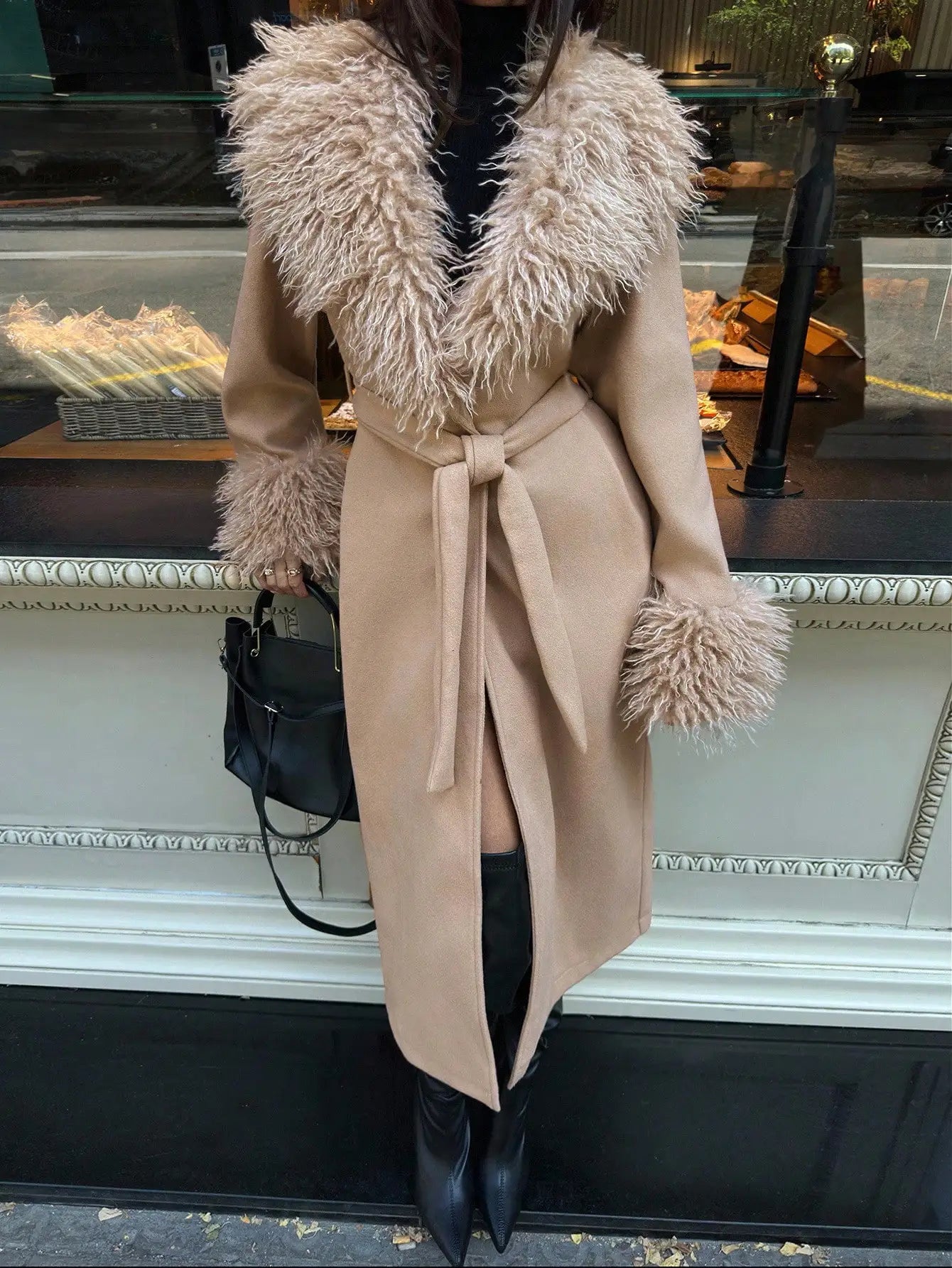 Women's Faux Fur Trim Wool Blend Coat, Bohemian Style Long Jacket for Fall Winter