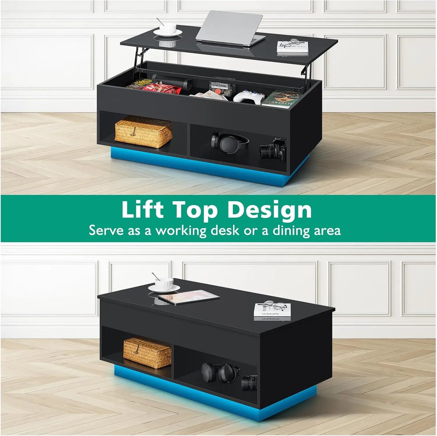 Hommpa Modern LED Coffee Table With Lift Top Storage