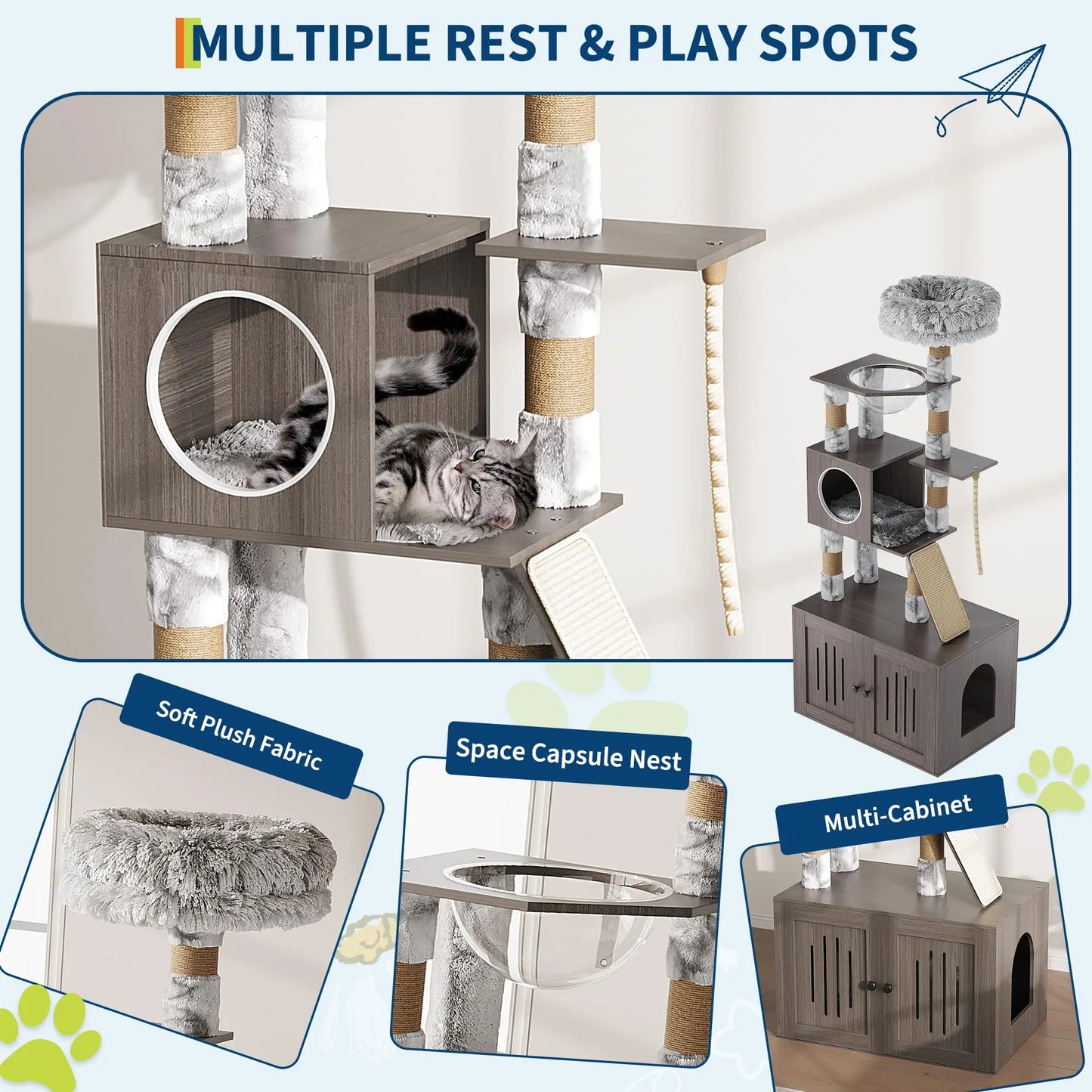 66.9'' Multi-Level Cat Tree Tower with Enclosed Litter Box – Condo/Perch/Scratching Posts/Capsule Nest, Cat Furniture for Indoor