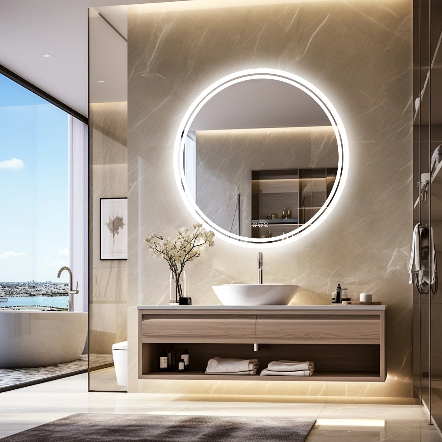 Wisfor Bathroom LED Mirror Circle Backlit Anti Fog 3 Lighting Modes IP65 Dimmable