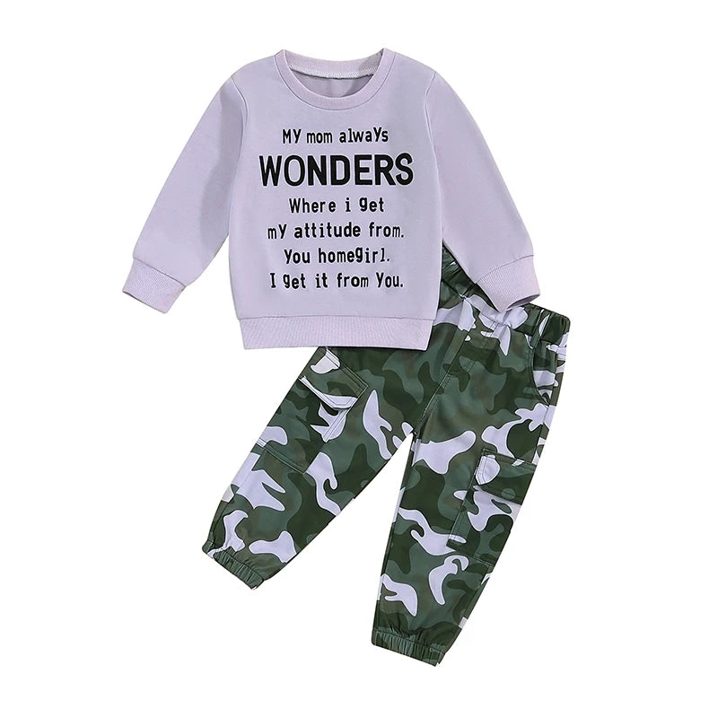 Pudcoco Girls TwoPiece AutumnOutfit LongSleeve ONeck CamouflagePants LetterPrint EverydayWear