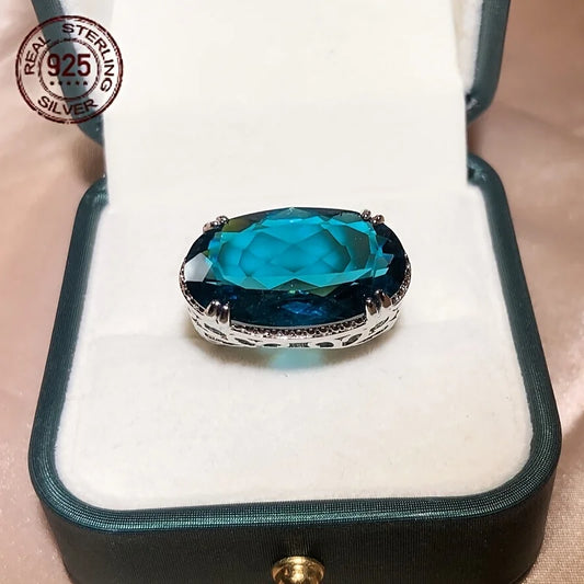 WPOOCC Lab Sapphire Zircon Ring 925 Sterling Silver Hollow Oval