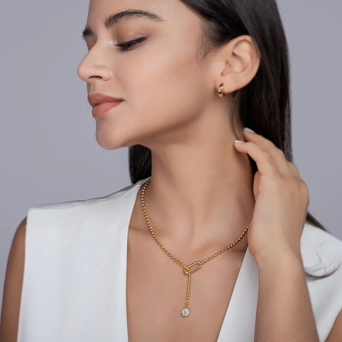 JIUZUAN ExquisitelyElegant MoissaniteGemstone Y Shape StatementNecklace S925 Silver 18K Gold