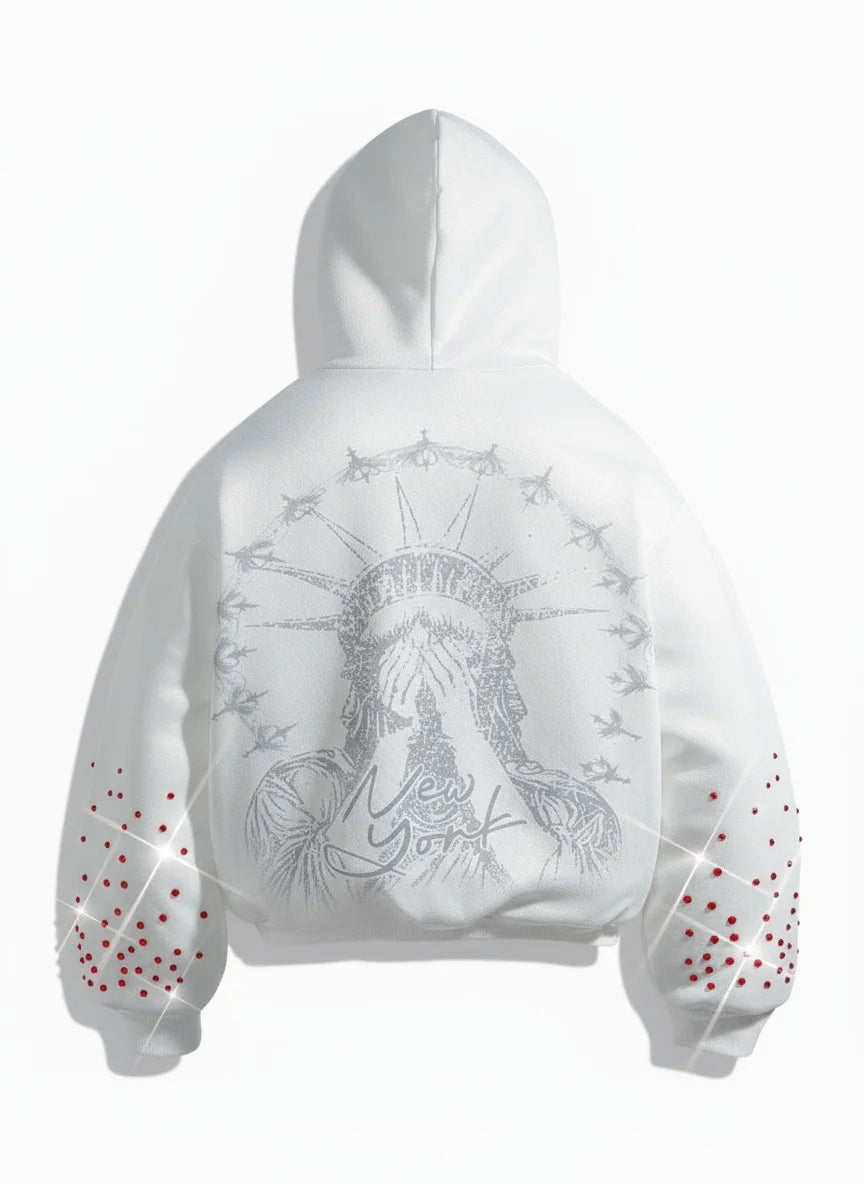 Fashionable rhinestone style loose hooded sweatshirt, American-style hooded embroidered casual hooded shirt
