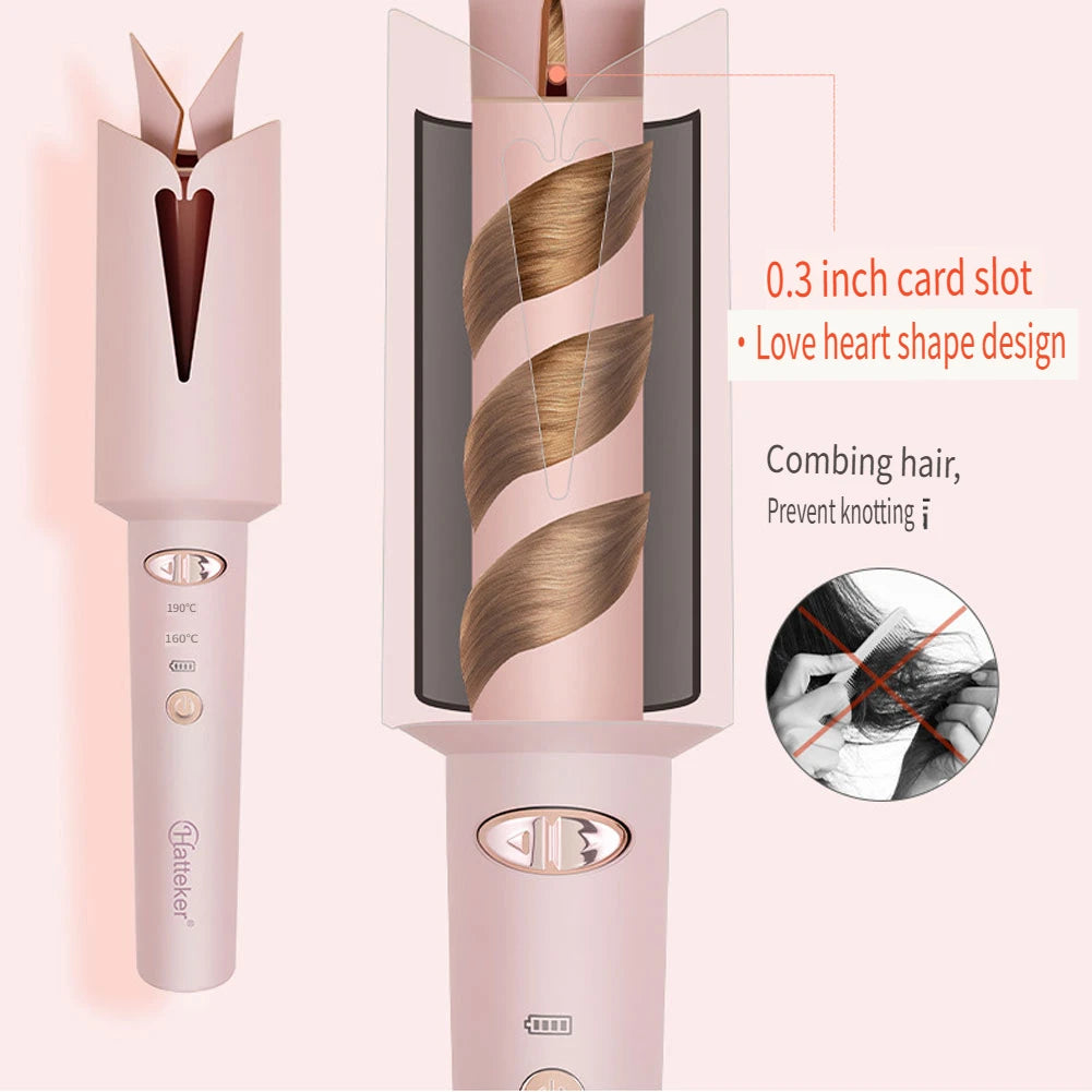 Hatteker Automatic Rotating Curling Iron Ceramic Negative Ion Hair Curler with USB Chargeable