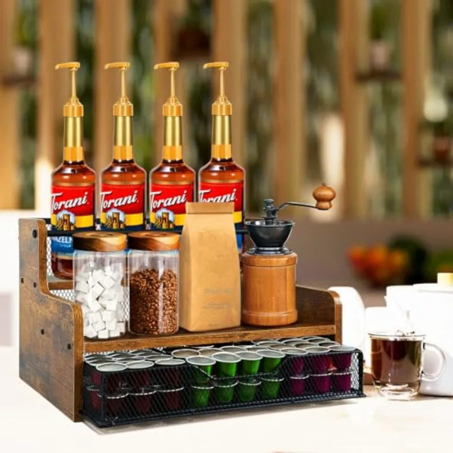 Coffee Syrup Organizer 3Tier 12 Bottles Coffee Syrup Rack with 36 K Cup Storage Basket for Coffee Bar Organizer Wine Office Kit