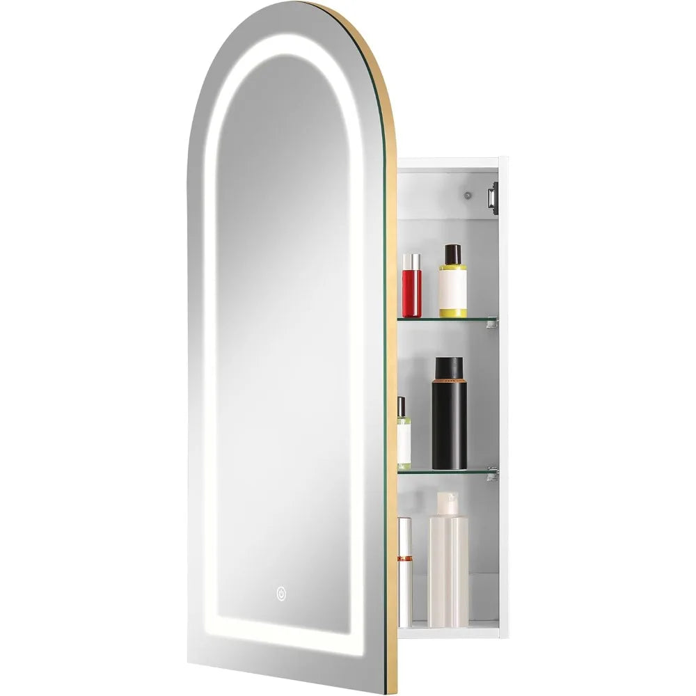 Arched LED Medicine Cabinet Wall Mounted Mirror With Storage