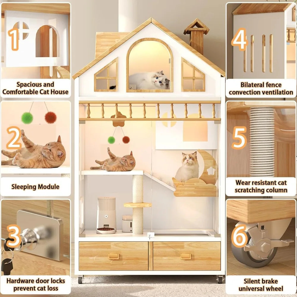Wooden Enclosed Cat Condo On Wheels With Litter Box