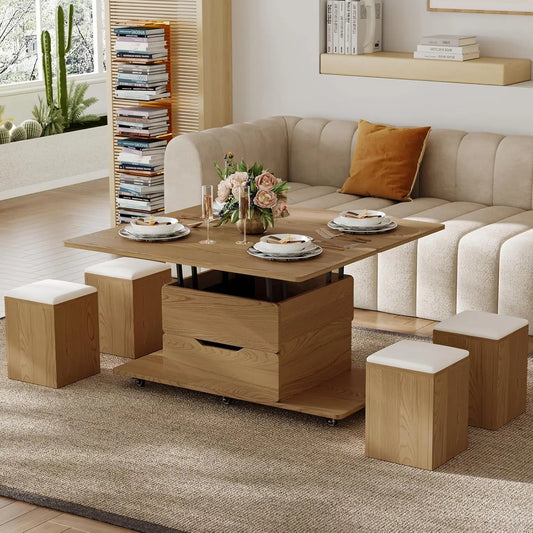 Natural Lift Top Coffee Table With Hidden Storage And Four Stools Three In One Modern Multi Function Center Table