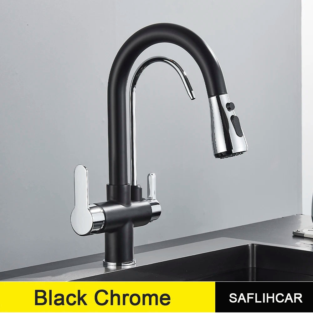 SAFLIHCAR Pull Out Dual Water Modes Kitchen Faucet With Cold And Hot Water Purification Deck Mounted Brass