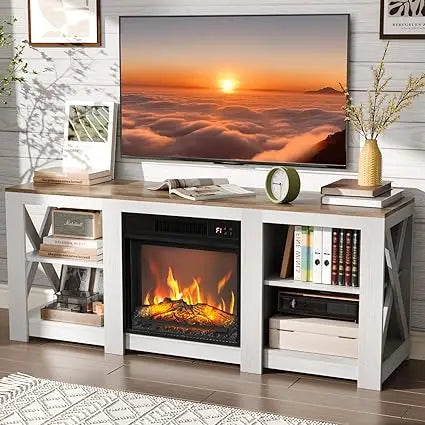 Farmhouse Fireplace Television Cabinetry With Electric Fireplace And Adjustable Shelves