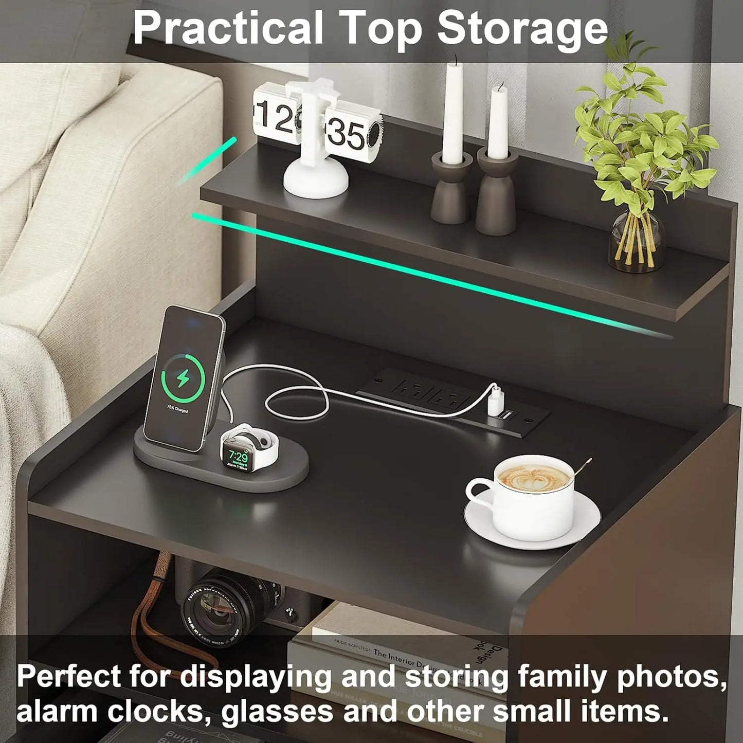 Modern LED Nightstand with Charging Station, 2 Drawers, USB Ports & RGB Lights - Black