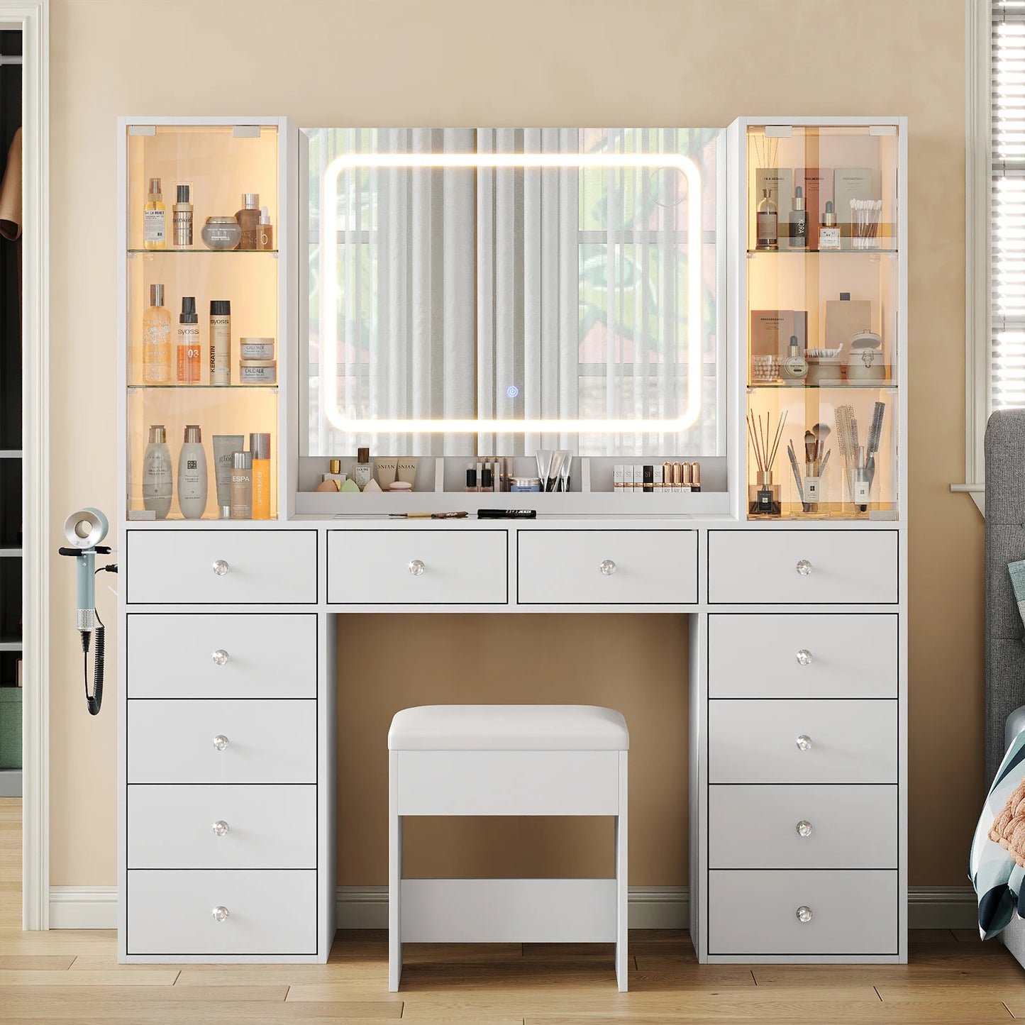 Bedroom Makeup Vanity Desk with Mirror, 12 Drawers