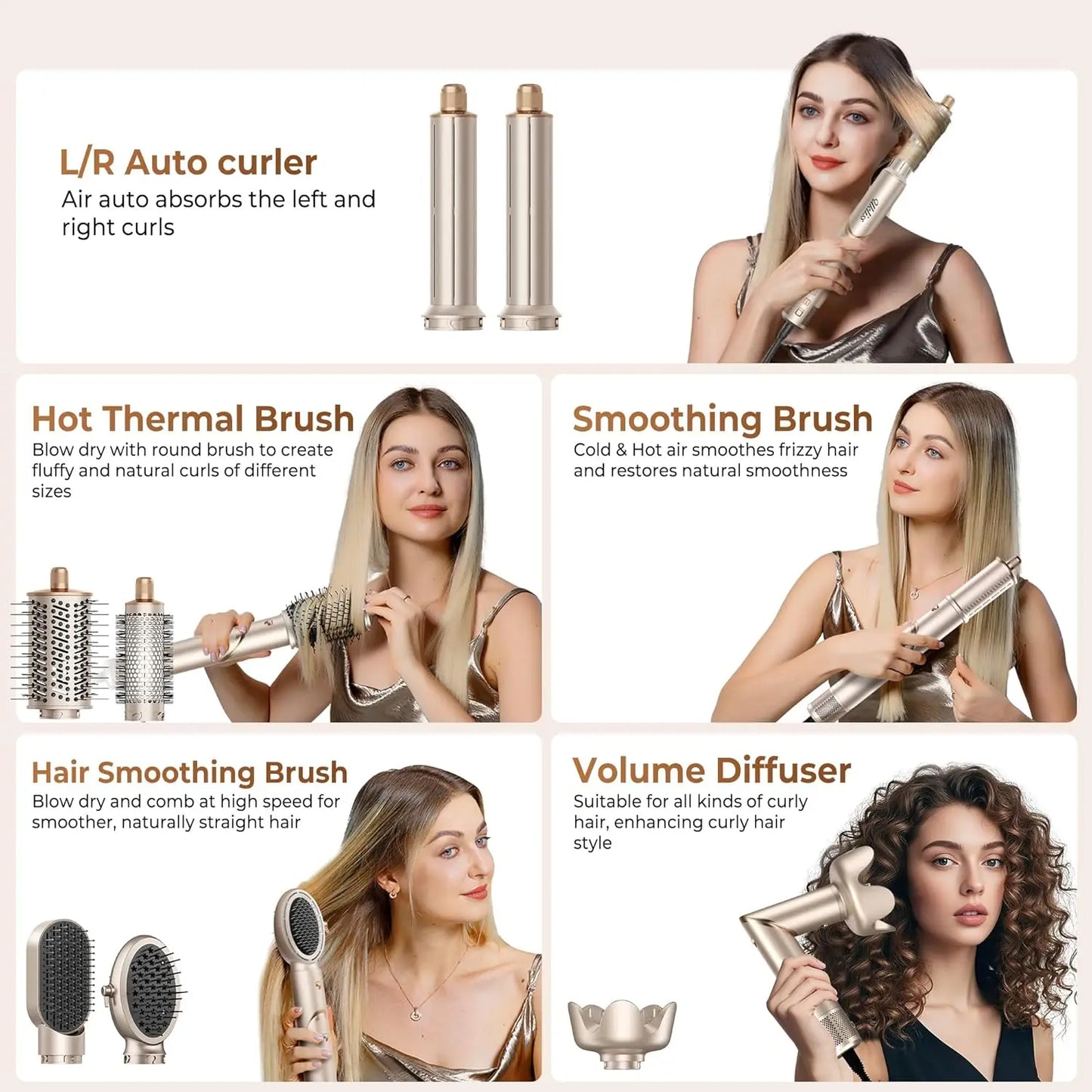 Foldable 8-in-1 Hair Dryer Brush Set with Diffuser and Auto-Wrap Curler for Fast Drying, Curling, Straightening