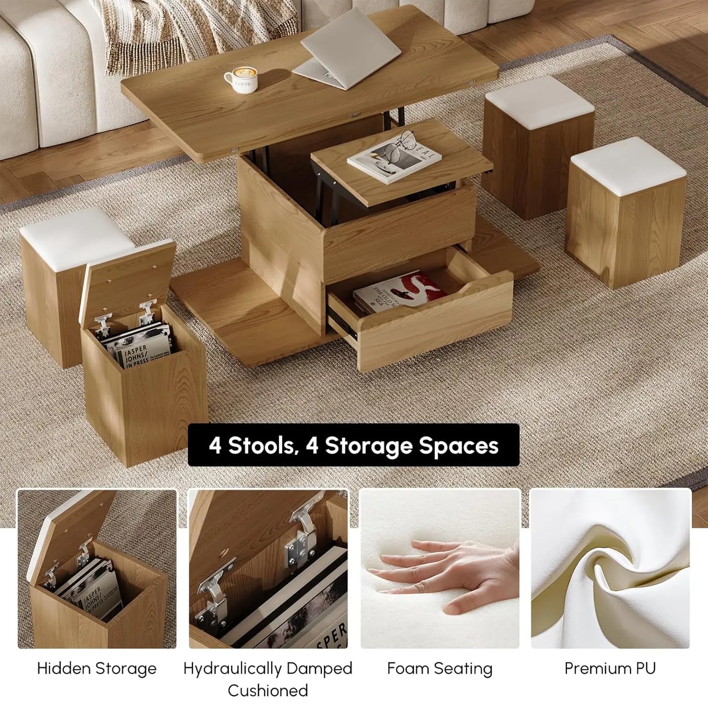 Natural Lift Top Coffee Table With Hidden Storage And Four Stools Three In One Modern Multi Function Center Table