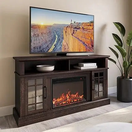 Traditional Rustic TV Stand With Electric Fireplace Heater And Sound