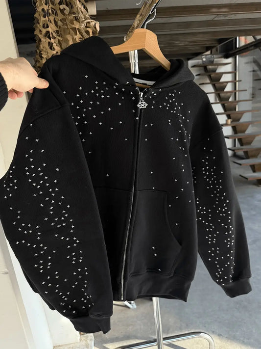 Men's Star Pattern Zip Up Hoodie Sweatshirt with Pockets