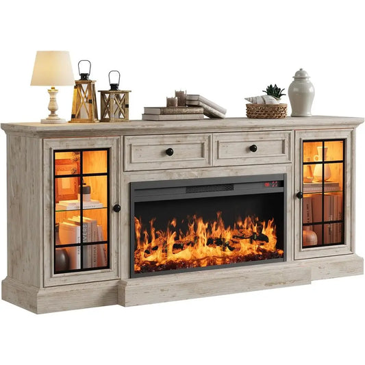 ZHUXIANG Modern Farmhouse TV Stand and Entertainment Center With Electric Fireplace And LED Lighting