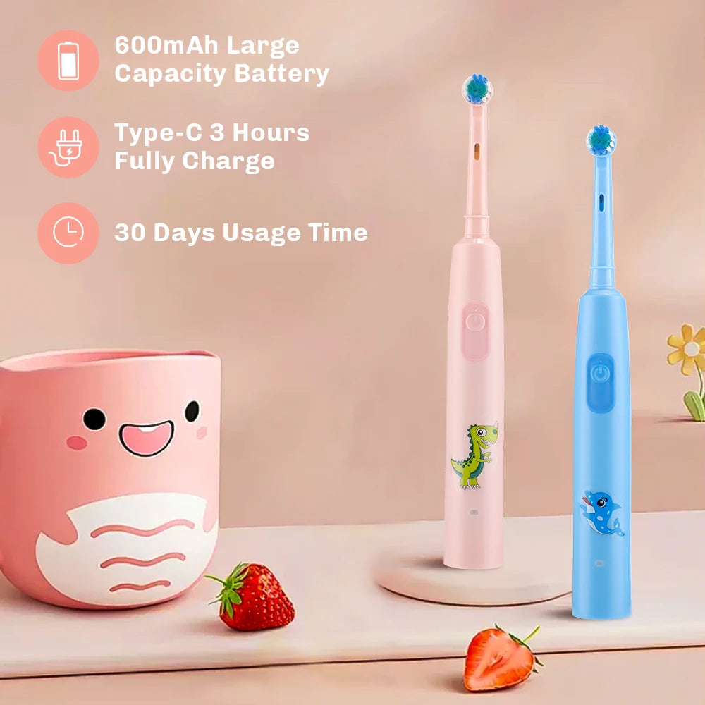 AFDEAL Rechargeable Rotating Kids Electric Toothbrush With 4 Soft Brush Heads Whitening Oral Care