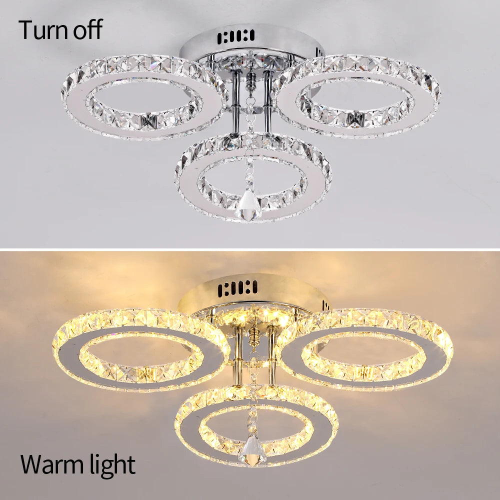 GreeLustr Crystal Chandelier Ceiling Lamp 3 Rings Chrome Pendant Light Modern Flush Mount for Bedroom