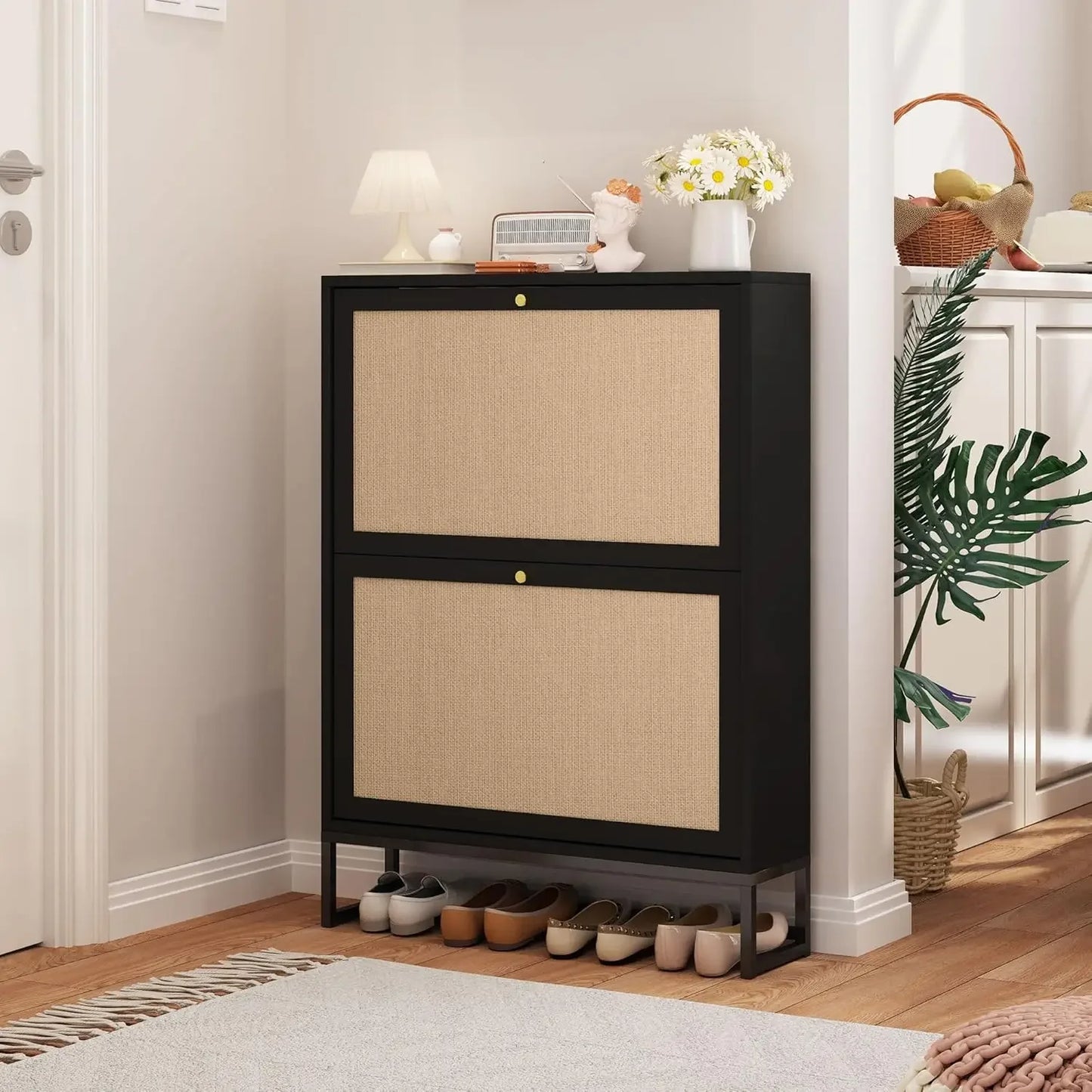 Freestanding Shoe Cabinet With Two Flip Drawers For Hallway