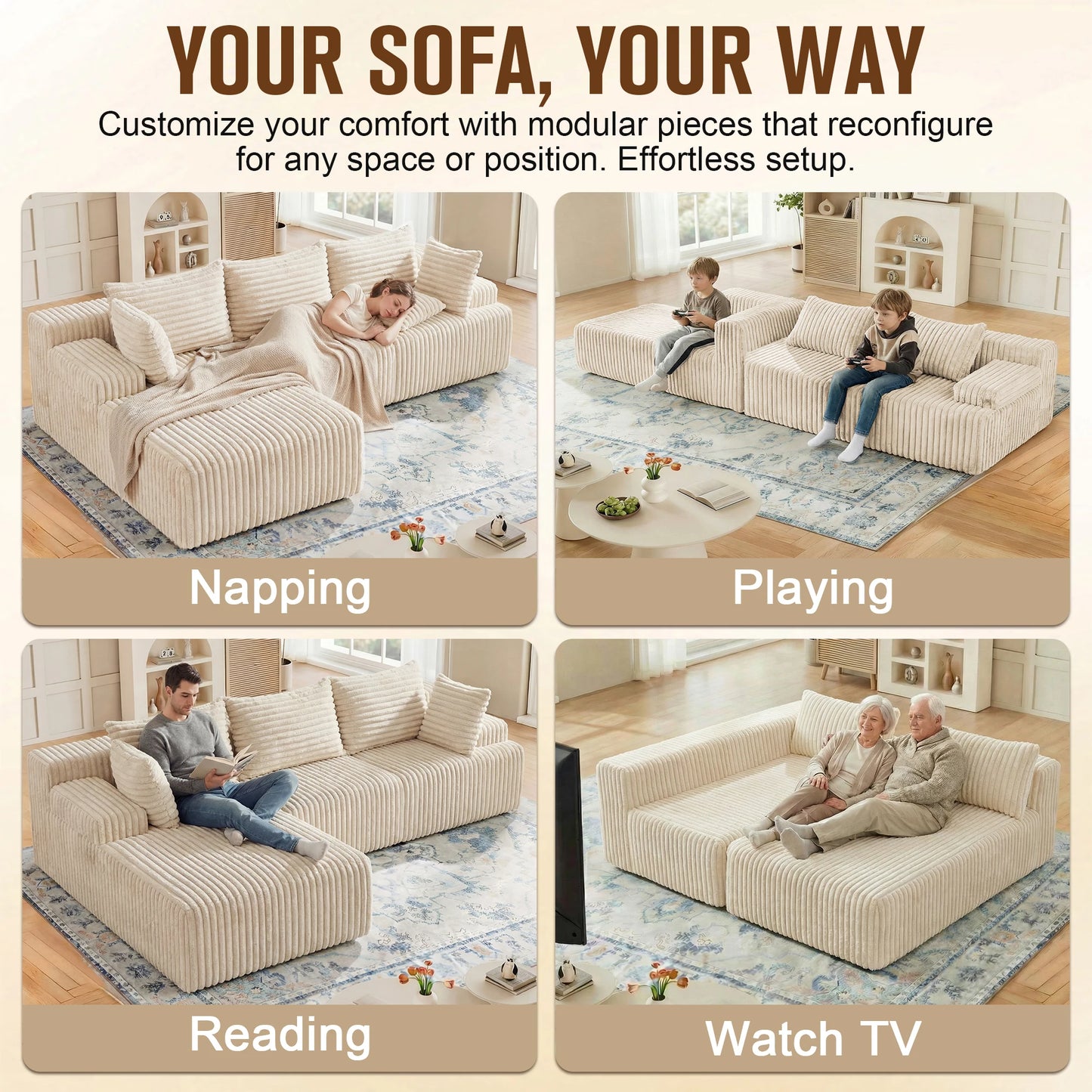 Redlife L-Shape Corduroy Sectional Sofa Cloudlike Luxurious Comfort For LivingRoom