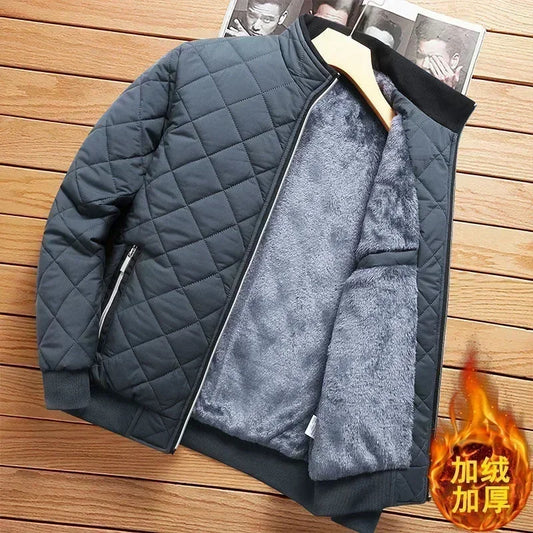 Hubei Men's Thick Warm Fleece Lined Bomber Jacket Stand Collar Zip