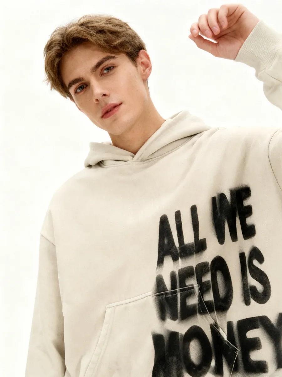 Women Pink Hoodies All We Need Is Money Letter Print Y2K Loose Hip Hop Street Hooded Sweatshirt Unisex