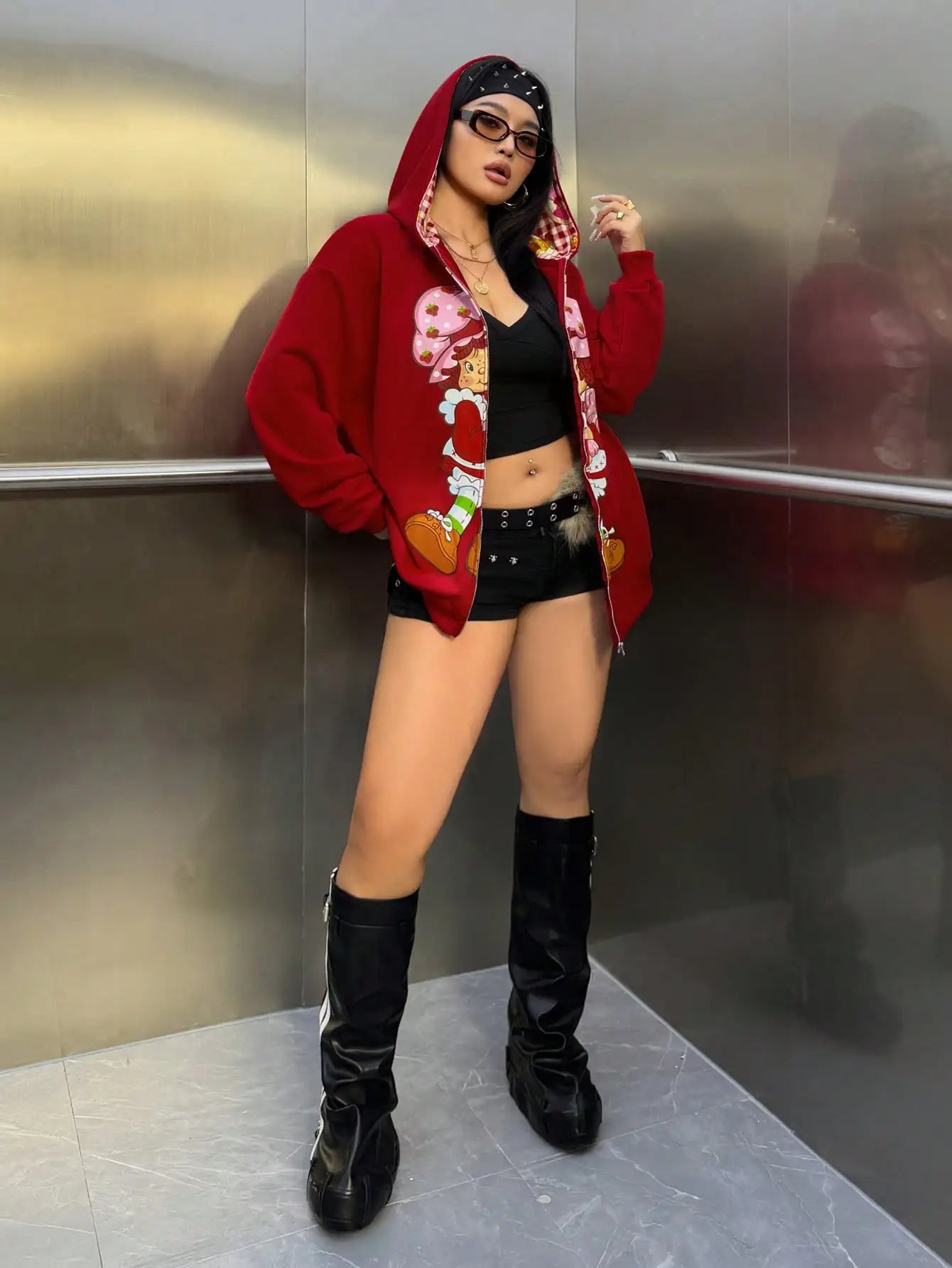 Strawberry Shortcake Cartoon Print Zip-Up Hoodie for Women, Loose Fit Drop Shoulder, Spring Autumn Casual