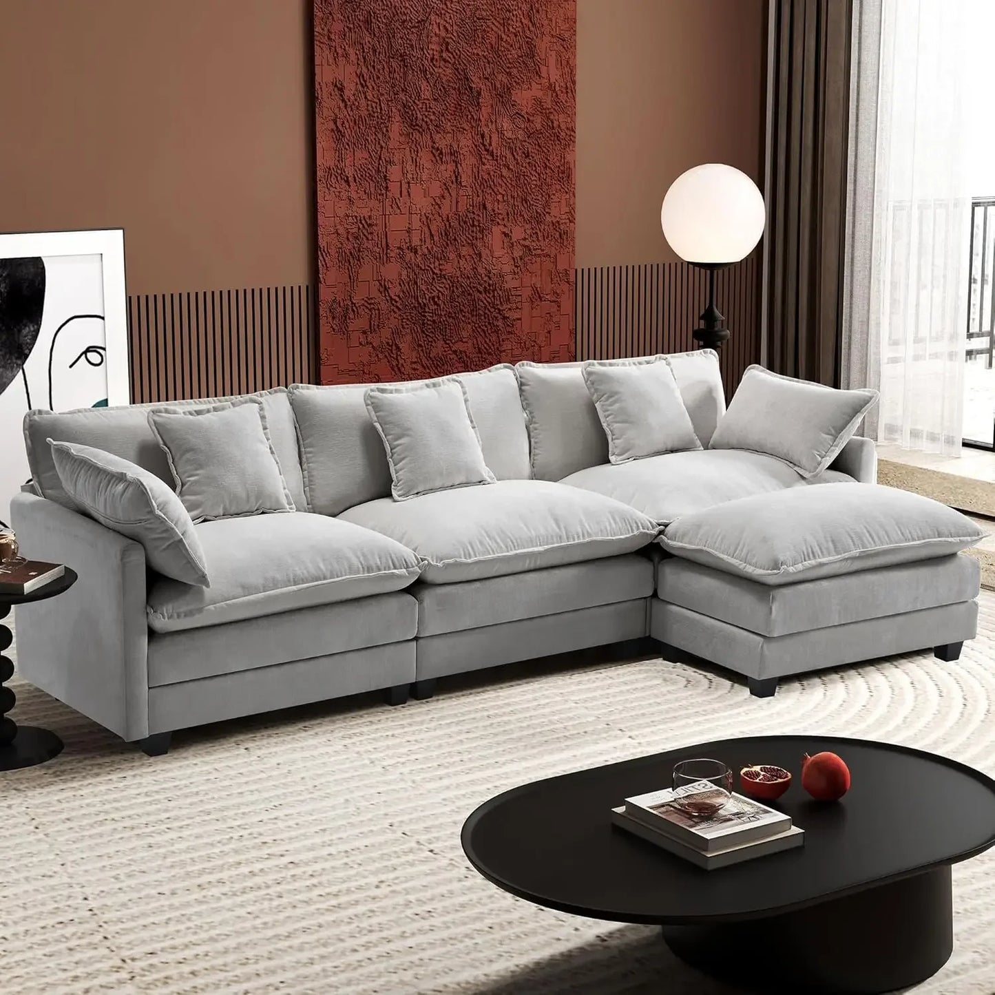 Modular L-Shaped Chenille Cloud Sectional Sofa 4-Seater With Ottoman Modern Living Room Furniture