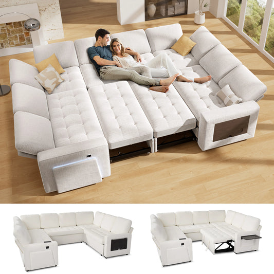 U Shaped Modular Sectional Sofa With Pull Out Bed Reclining Backrest USB Ports LED Light Storage